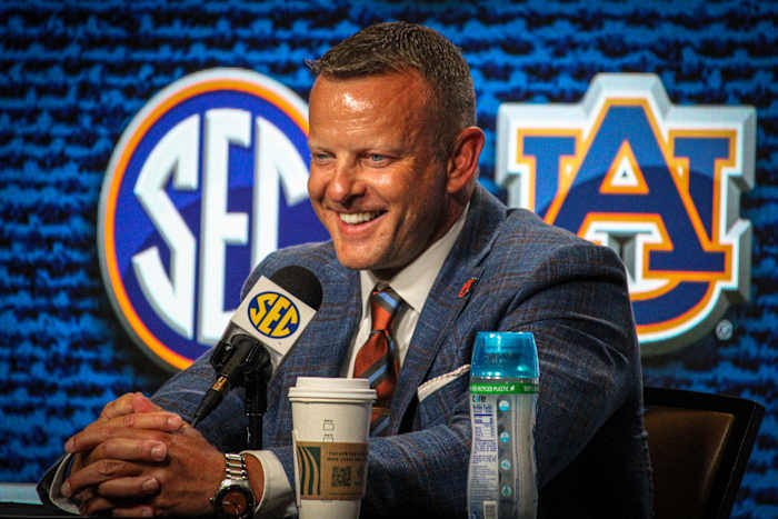 Auburn head football coach Bryan Harsin answers questions at SEC Media Days.